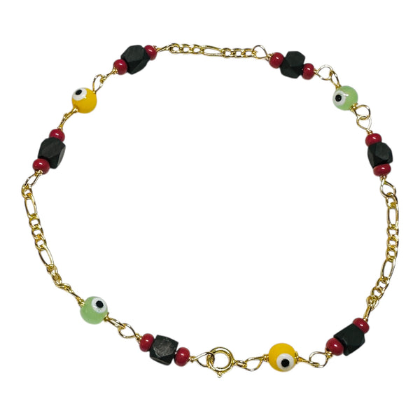 10 Karat Yellow Gold Genuine 4mm Azabache Jet and Orisha Orula Lucky Eyes Figaro Link 7.5" Bracelet