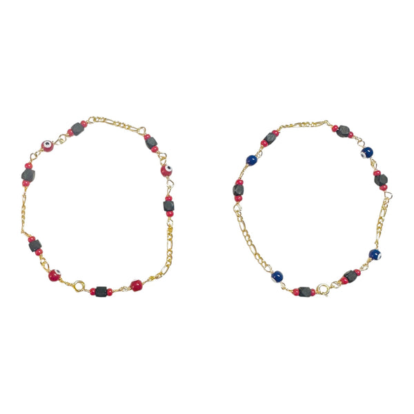 10 Karat Yellow Gold Genuine 4mm Azabache Jet and Blue or Red Lucky Eyes Figaro Link 7.5" Bracelet