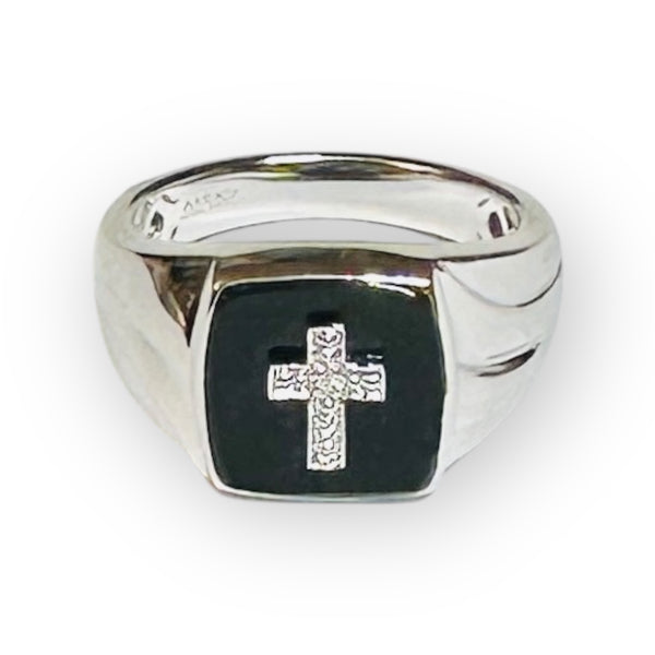 Sterling Silver Genuine Onyx and Diamond Cross Man's Ring