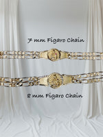 18 Karat Yellow Gold-plated Sterling Silver Double Strand Figaro Link Saint Barbara "Santa Barbara" ID Bracelet (2 widths available)