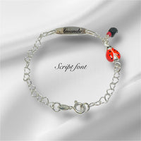 Sterling Silver Genuine 4mm Azabache Jet with Enameled Lady Bug Engraveable Oval ID 6" Girls Heart Link Bracelet