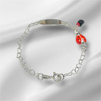 Sterling Silver Genuine 4mm Azabache Jet with Enameled Lady Bug Engraveable Oval ID 6" Girls Heart Link Bracelet