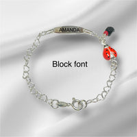Sterling Silver Genuine 4mm Azabache Jet with Enameled Lady Bug Engraveable Oval ID 6" Girls Heart Link Bracelet