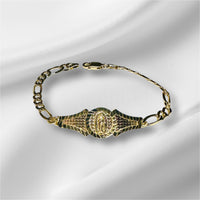 18K Yellow Gold-plated Sterling Silver Our Lady of Guadalupe 6" Children's ID Figaro Bracelet