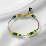10 Karat Yellow Gold Genuine 4mm Azabache Jet and Orula Beads with Azabache Mano Figa DIOS ME BENDIGA 6" Curb Link Baby Bracelet