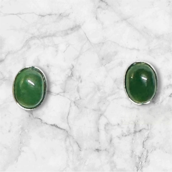 Sterling Silver Genuine 8 x 6mm Oval Cabochon Nephrite Jade Bezel Stud Earrings
