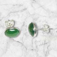 Sterling Silver Genuine 8 x 6mm Oval Cabochon Nephrite Jade Bezel Stud Earrings