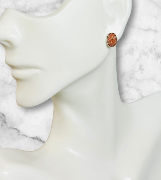 Sterling Silver 8 x 6mm Oval Cabochon Venturina "Brown Goldstone" Bezel Stud Earrings