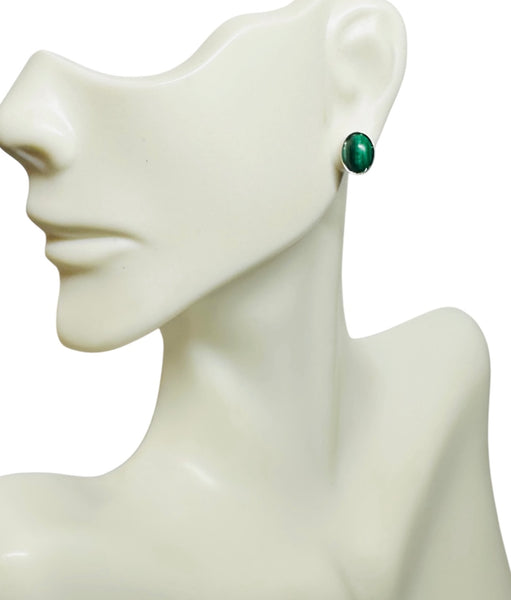 Sterling Silver Genuine 8 x 6mm Oval Cabochon Green Malachite Bezel Stud Earrings