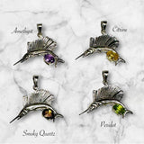 Sterling Silver and Genuine Gemstone  Sailfish Pendant (Amethyst-Citrine-Peridot-Smoky Quartz)