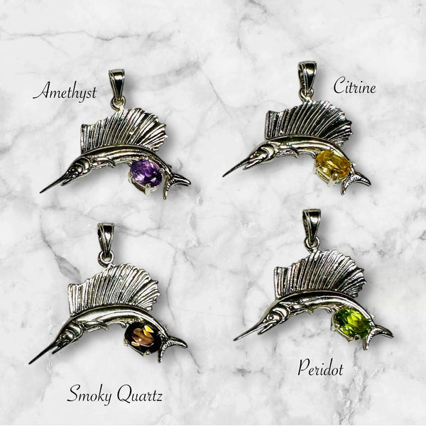 Sterling Silver and Genuine Gemstone  Sailfish Pendant (Amethyst-Citrine-Peridot-Smoky Quartz)