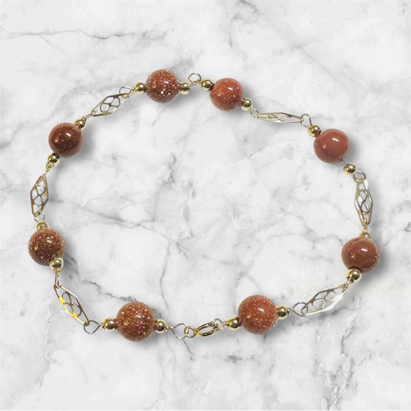 14 Karat Yellow Gold Filled 8mm Brown Goldstone "Venturina" 8in Plaque Bracelet