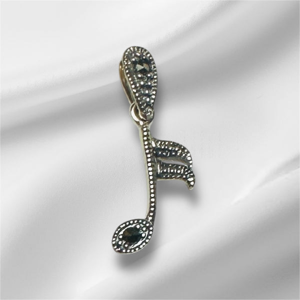 Vintage NOS Antiqued Sterling Silver Marcasite Music Note Pendant