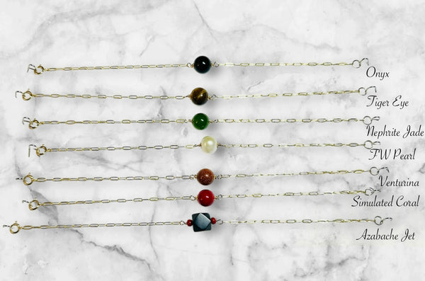 14 Karat Yellow Gold Filled Paper Clip Bracelet with 10mm Stone (Onyx, Tiger's Eye, Jade, Pearl, Venturina, Coral, Azabache or Hematite)