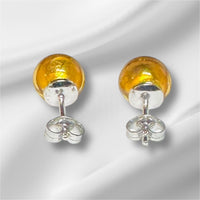 Sterling Silver Rhodium-plated Gold Color 8mm Murano Glass Stud Earrings
