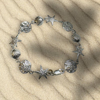Sterling Silver Seashells, Starfish and Sand Dollar Charms Marine Life Bracelet
