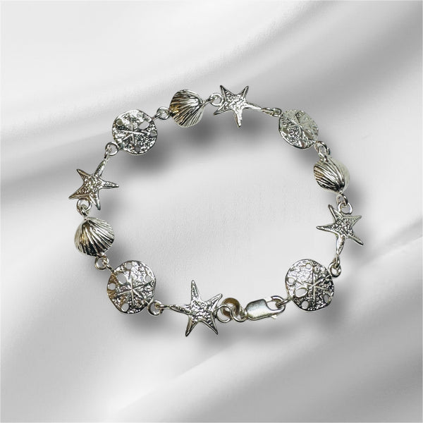 Sterling Silver Seashells, Starfish and Sand Dollar Charms Marine Life Bracelet