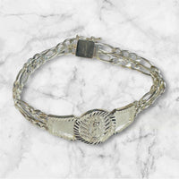 Sterling Silver 2 Strand 4.5mm Figaro Guadalupe Medal 7" ID Bracelet
