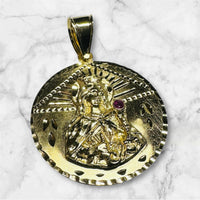 18 Karat Yellow Gold-plated Sterling Silver Saint Barbara "Santa Barbara" with Genuine Ruby 32mm Medal