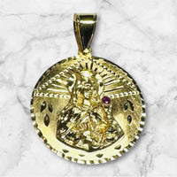 18 Karat Yellow Gold-plated Sterling Silver Saint Barbara "Santa Barbara" with Genuine Ruby 32mm Medal
