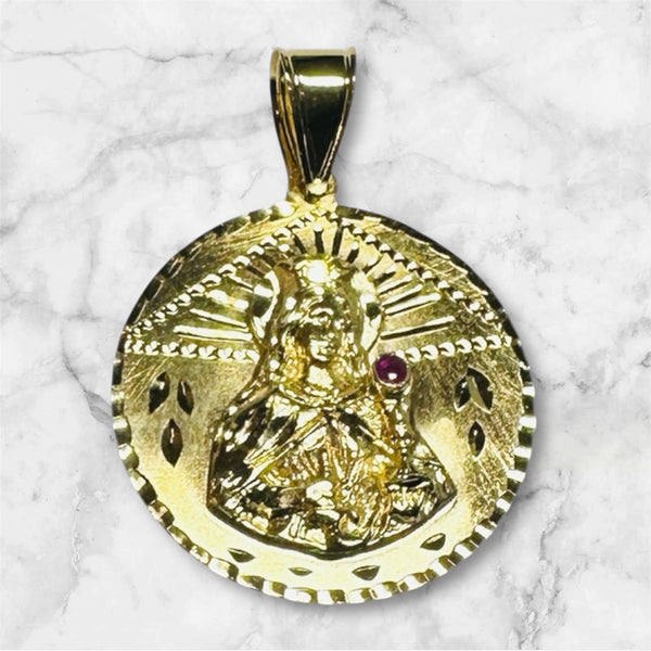 18 Karat Yellow Gold-plated Sterling Silver Saint Barbara "Santa Barbara" with Genuine Ruby 32mm Medal