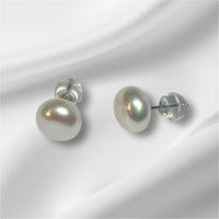 14 Karat White Gold Genuine 8mm White Button Freshwater Cultured Pearl Stud Post Earrings