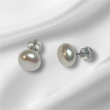 14 Karat White Gold Genuine 8mm White Button Freshwater Cultured Pearl Stud Post Earrings