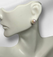 14 Karat White Gold Genuine 8mm White Button Freshwater Cultured Pearl Stud Post Earrings