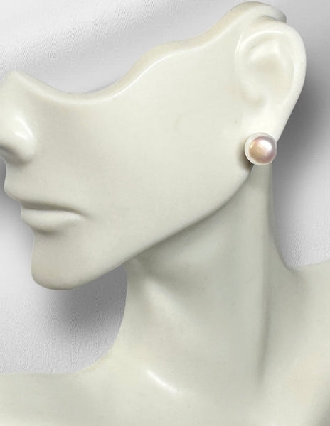 14 Karat White Gold Genuine 8mm White Button Freshwater Cultured Pearl Stud Post Earrings