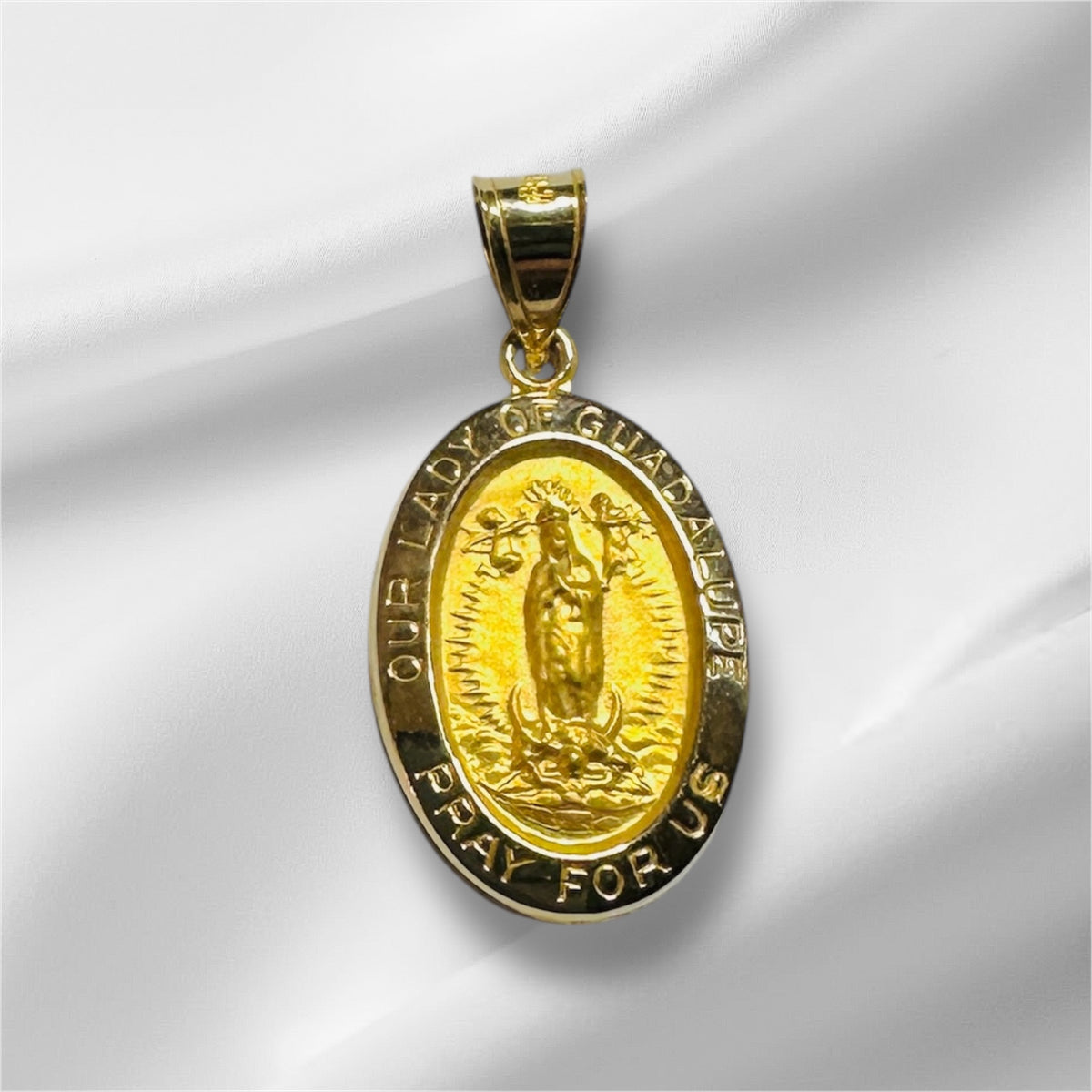 14 Karat Yellow Gold Our Lady of Guadalupe "PRAY FOR US" 19 x 13mm Hol ...
