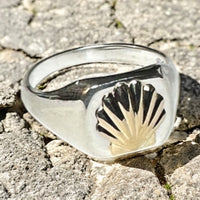 Sterling Silver and 14 Karat Yellow Gold Camino de Santiago "Way of Saint James" Man's Scallop Shell Signet Ring