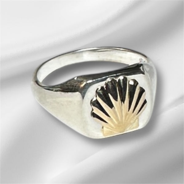 Sterling Silver and 14 Karat Yellow Gold Camino de Santiago "Way of Saint James" Man's Scallop Shell Signet Ring