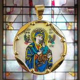 Vintage NOS 10K Yellow Gold Enameled Perpetual Help & Sacred Heart Scapular 23.7mm Medal
