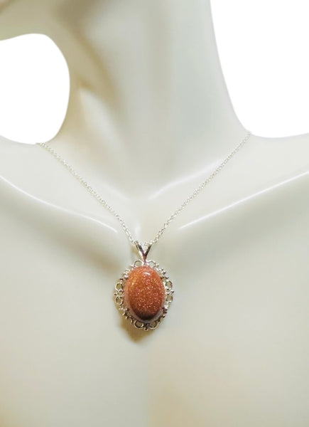 Sterling Silver Oval 18 x 13mm Brown Goldstone "Venturina" Pendant with 18" Cable Link Chain