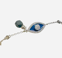 Sterling Silver Genuine 4mm Azabache Jet and Cubic Zirconia Blue Enameled Evil Eye 7" Cable Link Station Bracelet