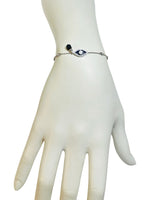Sterling Silver Genuine 4mm Azabache Jet and Cubic Zirconia Blue Enameled Evil Eye 7" Cable Link Station Bracelet