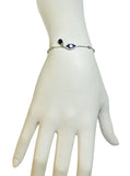Sterling Silver Genuine 4mm Azabache Jet and Cubic Zirconia Blue Enameled Evil Eye 7" Cable Link Station Bracelet