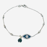 Sterling Silver Genuine 4mm Azabache Jet and Cubic Zirconia Blue Enameled Evil Eye 7" Cable Link Station Bracelet