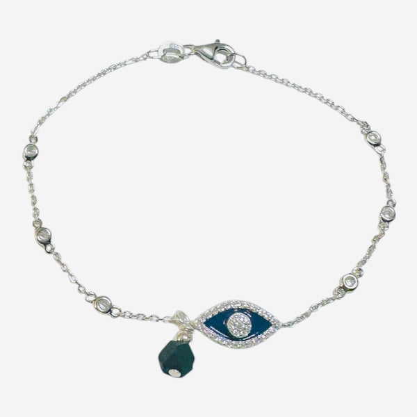 Sterling Silver Genuine 4mm Azabache Jet and Cubic Zirconia Blue Enameled Evil Eye 7" Cable Link Station Bracelet