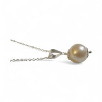 Sterling Silver Genuine Round 11mm White Freshwater Pearl Pendant with 18" Silver Cable Link Chain