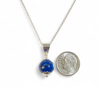 Sterling Silver Genuine 10mm Lapis Lazuli Pendant with 18" Cable Link Chain