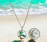Sterling Silver Palm Tree & Island of Cuba Enameled Charm with 18" Cable Link Chain (Made in USA)