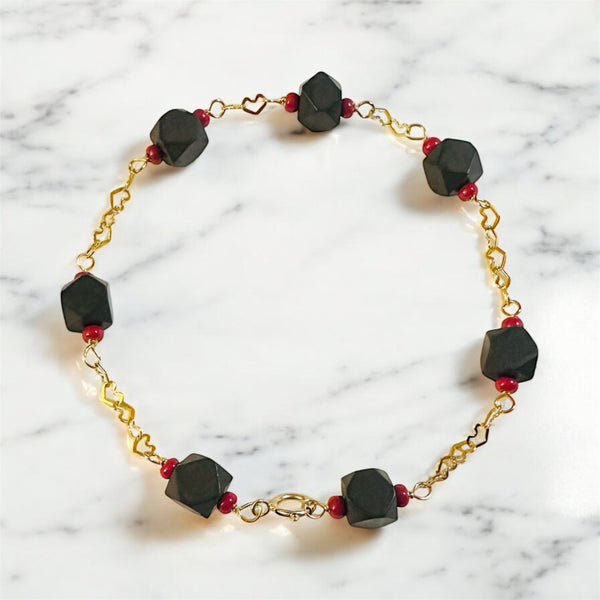 14 Karat Yellow Gold Genuine 7mm Azabache Jet Heart Link 8" Bracelet