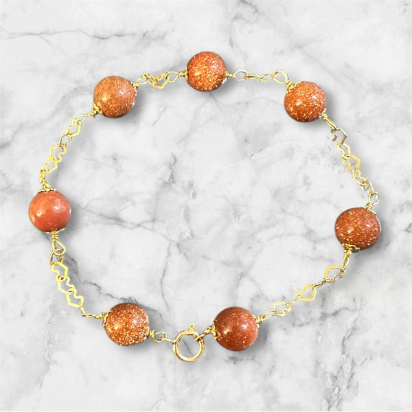 14 Karat Yellow Gold 8mm Brown Goldstone "Venturina" Heart Links 7.5" Bracelet