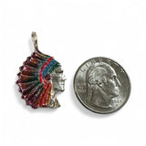 Vintage 1970's Sterling Silver Native American Head Chief Enameled Pendant with Synthetic Ruby