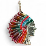 Vintage 1970's Sterling Silver Native American Head Chief Enameled Pendant with Synthetic Ruby