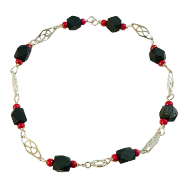 Sterling Silver Genuine 5 - 6mm Azabache Jet Filigree Plaque 8" Bracelet