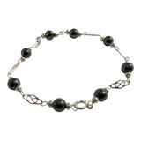 Sterling Silver Genuine 6mm Hematite "Acerina" Beads Filigree Plaque 8" Bracelet