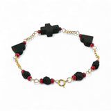 10 Karat Yellow Gold Genuine Azabache Jet Heart and Sideways Cross 7" Bracelet