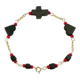 10 Karat Yellow Gold Genuine Azabache Jet Heart and Sideways Cross 7" Bracelet